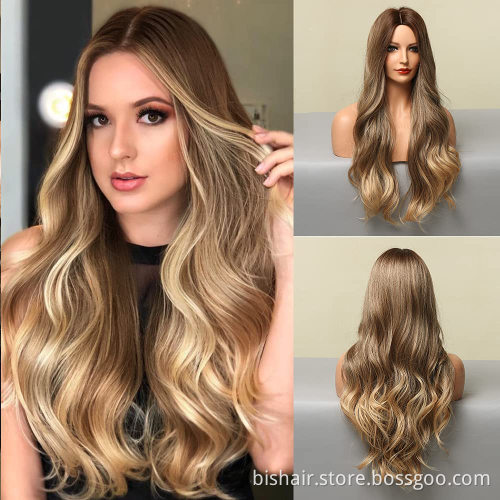 Low price blonde wig with long curly hair wavy wig natural real hair suitable forwomen's daily party brown blonde gradient color